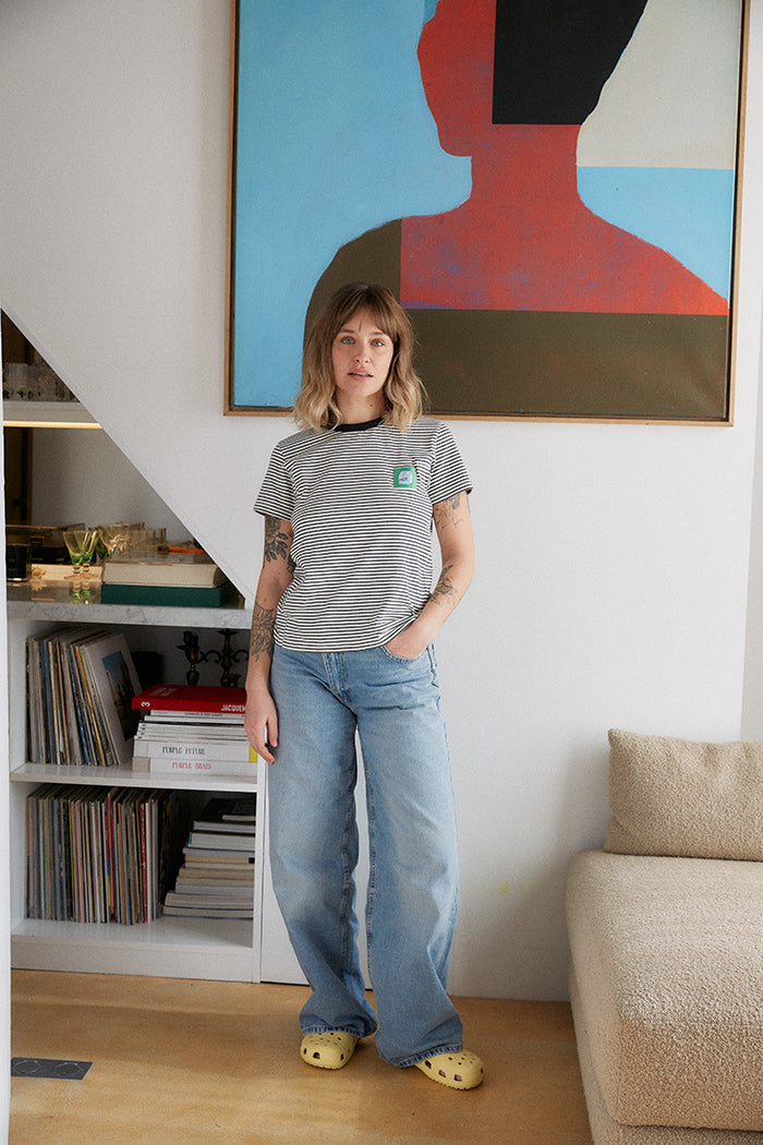 fr: Ophélie porte une taille S, en: Ophélie wears a size S, de: Ophélie trägt Größe S